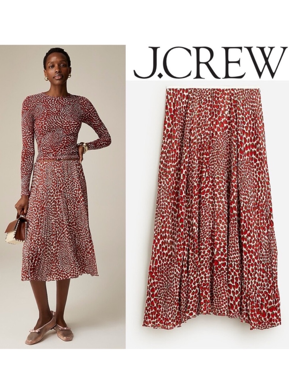 J.Crew Red and Cream Midi Pleated Skirt